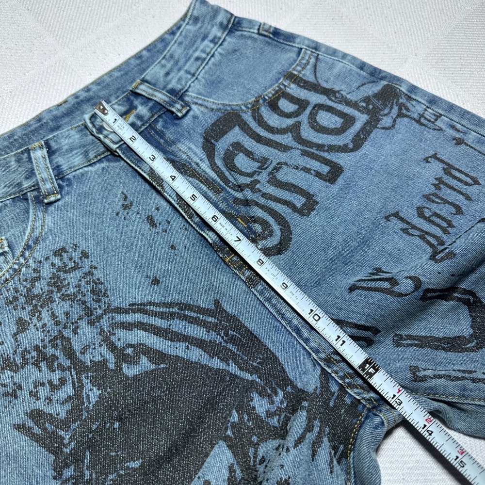 Romwe Wide Leg Jeans Womens Medium 6 Skeleton Skull Oni Demon Print Blue Denim - Picture 12 of 15